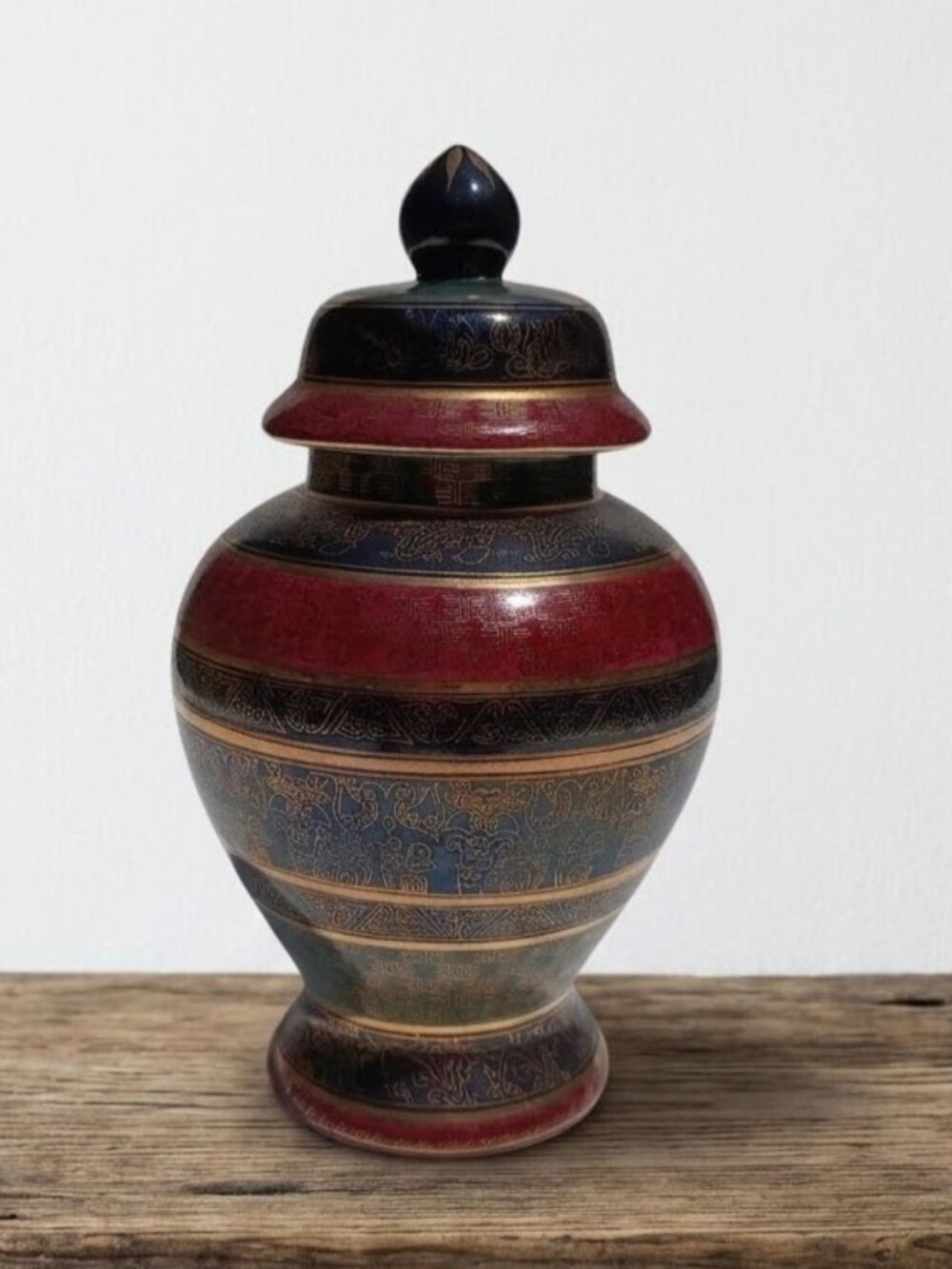 Vintage Andrea by Sadek Porcelain Ginger Jar Lidded Vase Maroon Stripe Gold Gilt